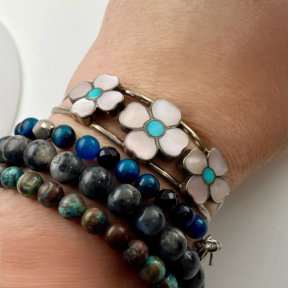 Old Pawn Zuni Flower Inlay Bracelet Turquoise Sterling Silver Cuff Native - Picture 5 of 5